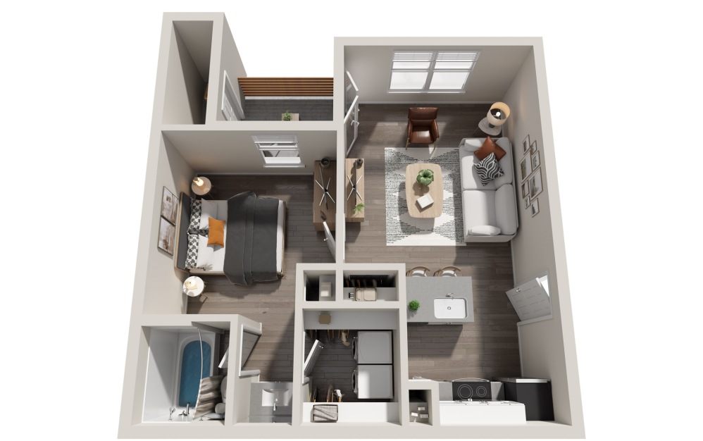 A1 - 1 bedroom floorplan layout with 1 bathroom and 516 square feet (3D)