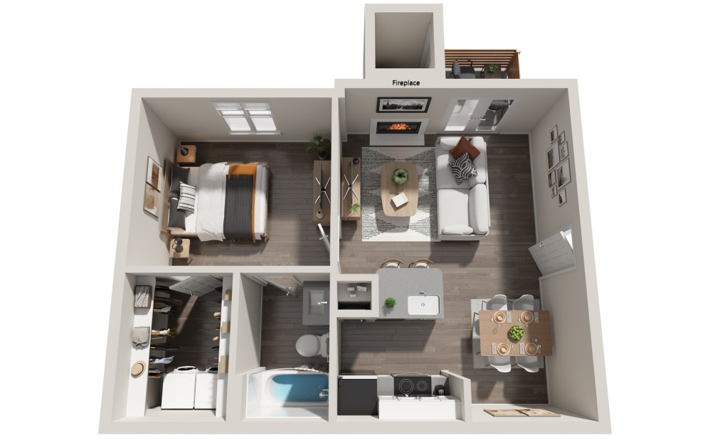 A2 - 1 bedroom floorplan layout with 1 bathroom and 607 square feet (3D)