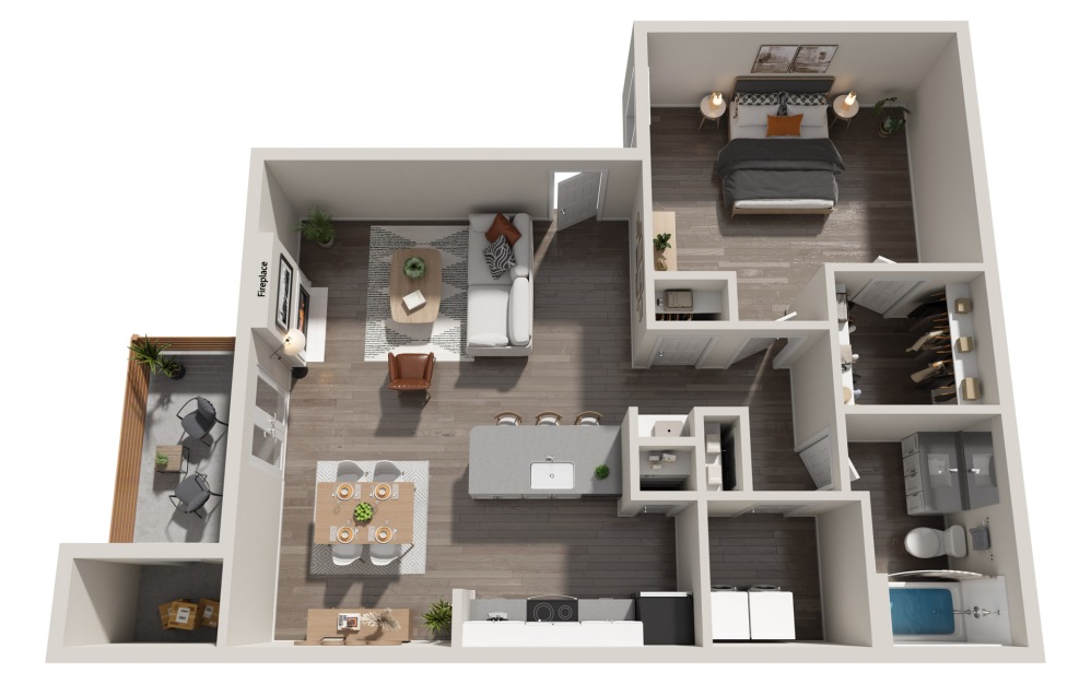 A3 - 1 bedroom floorplan layout with 1 bathroom and 668 square feet (3D)