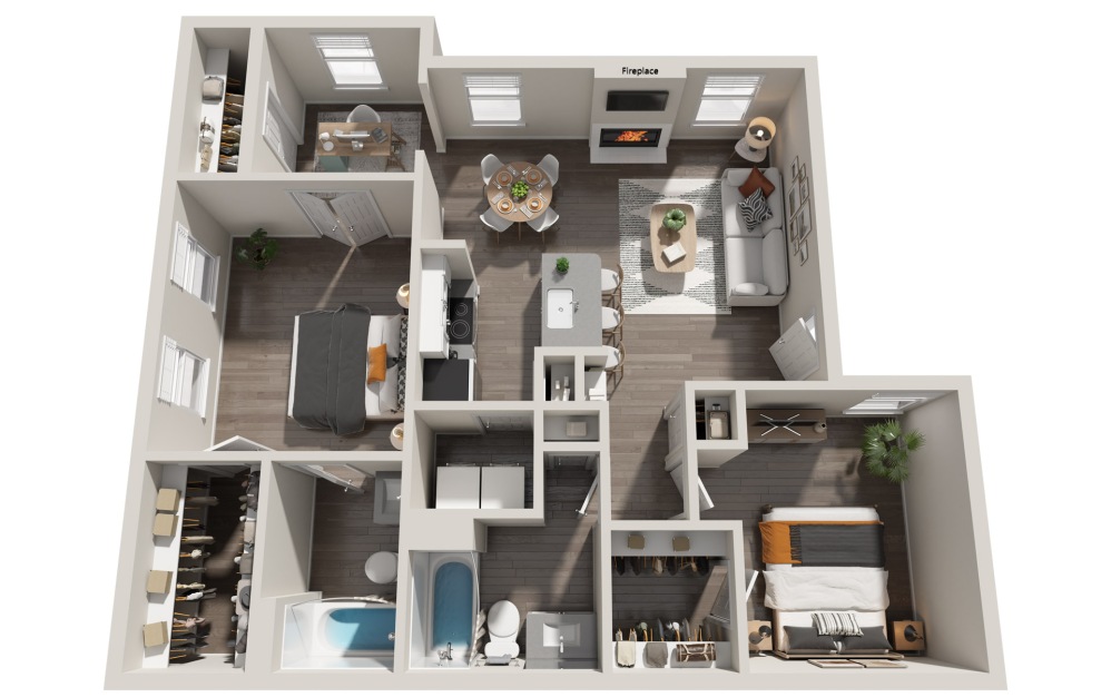 B2 - 2 bedroom floorplan layout with 2 bathrooms and 1018 square feet (3D)