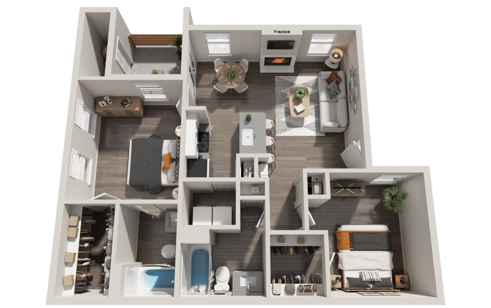 B1 - 2 bedroom floorplan layout with 2 bathrooms and 927 square feet (3D)